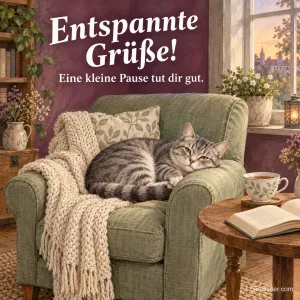 Schlafende Katze im Sessel, Text: Entspannte Grüße!