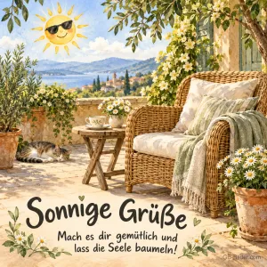 Korbsessel auf der Terrasse, Text: Sonnige Grüße