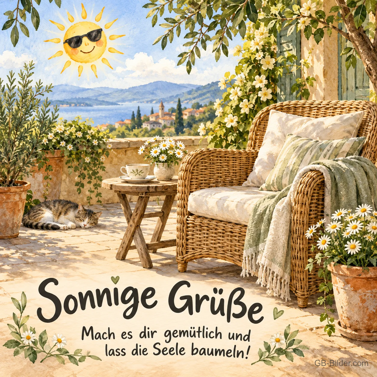 Korbsessel auf der Terrasse, Text: Sonnige Grüße