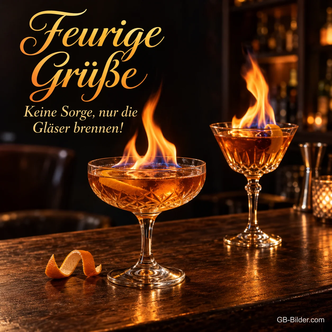 Flambierte Cocktails auf der Bar, lustiger Text: Feurige Grüße