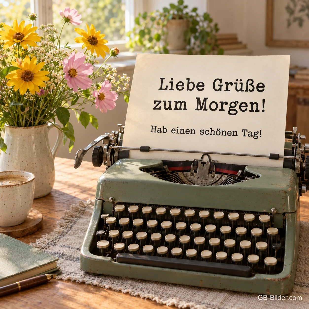 Schreibmaschine mit Brief, Text: Liebe Grüße zum Morgen!