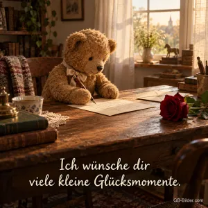 Teddybär schreibt einen Brief, Text: Ich wünsche dir viele kleine Glücksmomente.