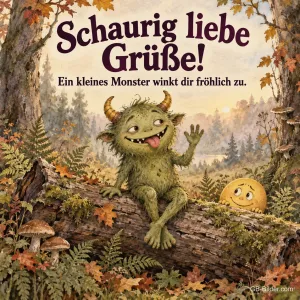 Winkendes Waldmonster im Herbstwald, Text: Schaurig liebe Grüße