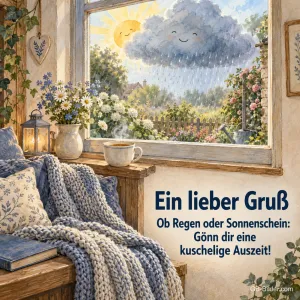 Gemütliche Fensterbank bei Regen und Sonne, Text: Ein lieber Gruß