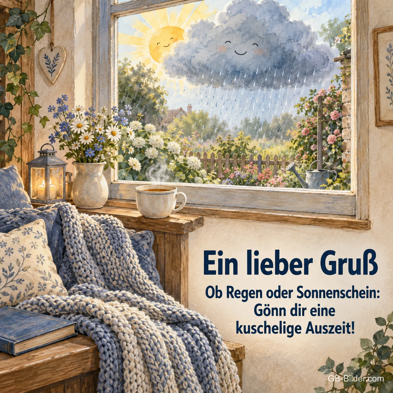 Gemütliche Fensterbank bei Regen und Sonne, Text: Ein lieber Gruß