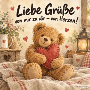 Teddybär mit Stoffherz, Text: Liebe Grüße von mir zu dir