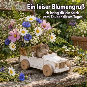 Maus mit Blumenkorb im Holzauto, Text: Ein leiser Blumengruß