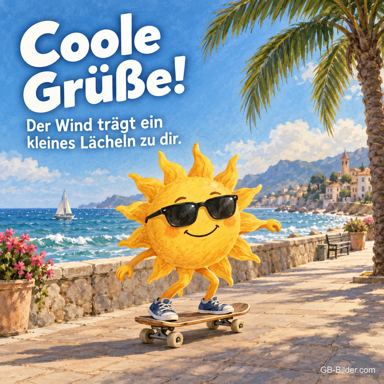 Sonne auf dem Skateboard, Text: Coole Grüße