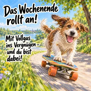 Terrier fährt mit Skateboard über einen Weg am See, Text: Das Wochenende rollt an! – Mit Vollgas ins Vergnügen – und du bist dabei!