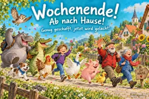 Nilpferd, Krokodil, Kinder, Großeltern und Tiere laufen fröhlich nach Hause, Text: Wochenende! Ab nach Hause! – Genug geschafft, jetzt wird gelacht!