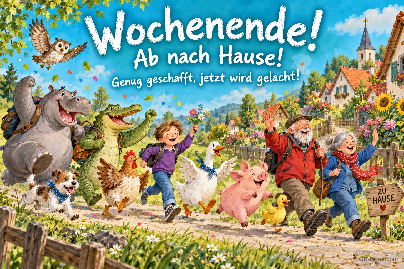 Nilpferd, Krokodil, Kinder, Großeltern und Tiere laufen fröhlich nach Hause, Text: Wochenende! Ab nach Hause! – Genug geschafft, jetzt wird gelacht! Nilpferd, Krokodil, Kinder, Großeltern und Tiere laufen fröhlich nach Hause, Text: Wochenende! Ab nach Hause! – Genug geschafft, jetzt wird gelacht!
