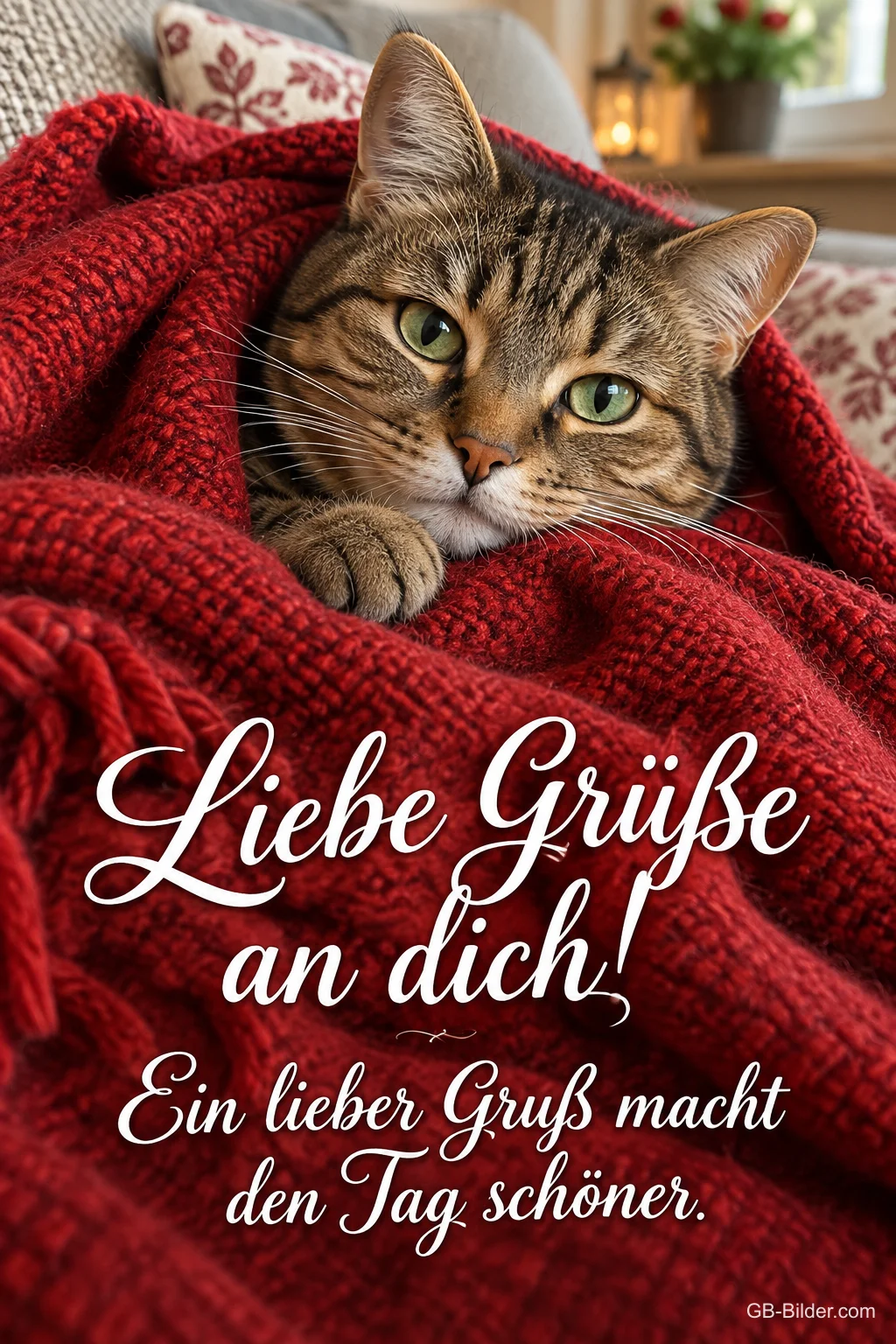 Tigerkatze schaut aus einer roten Strickdecke, Text: Liebe Grüße an dich! – Ein lieber Gruß macht den Tag schöner. Tigerkatze schaut aus einer roten Strickdecke, Text: Liebe Grüße an dich! – Ein lieber Gruß macht den Tag schöner.