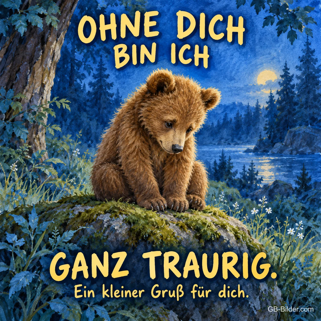 Bärenjunges sitzt traurig auf einem Felsen am nächtlichen See, Text: OHNE DICH BIN ICH – GANZ TRAURIG. Ein kleiner Gruß für dich. Bärenjunges sitzt traurig auf einem Felsen am nächtlichen See, Text: OHNE DICH BIN ICH – GANZ TRAURIG. Ein kleiner Gruß für dich.