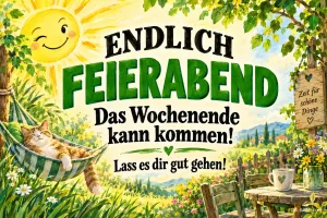 Katze schläft in einer Hängematte im Sommergarten, lachende Sonne, Text: ENDLICH FEIERABEND – Das Wochenende kann kommen! Lass es dir gut gehen!