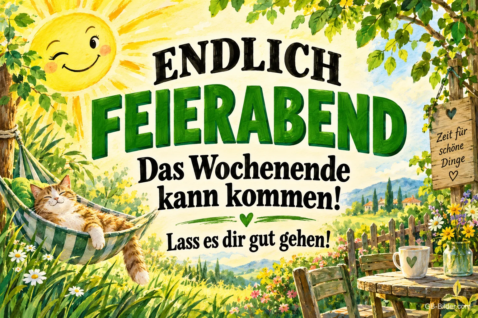 Katze schläft in einer Hängematte im Sommergarten, lachende Sonne, Text: ENDLICH FEIERABEND – Das Wochenende kann kommen! Lass es dir gut gehen! Katze schläft in einer Hängematte im Sommergarten, lachende Sonne, Text: ENDLICH FEIERABEND – Das Wochenende kann kommen! Lass es dir gut gehen!