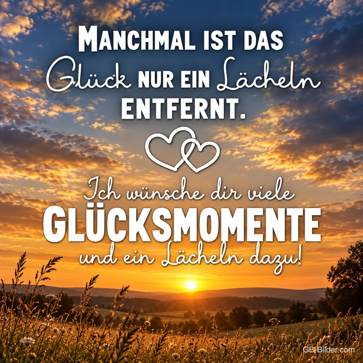 Sonnenuntergang über einer Landschaft mit Wolken, Text: MANCHMAL IST DAS GLÜCK NUR EIN LÄCHELN ENTFERNT. – Ich wünsche dir viele Glücksmomente und ein Lächeln dazu! Sonnenuntergang über einer Landschaft mit Wolken, Text: MANCHMAL IST DAS GLÜCK NUR EIN LÄCHELN ENTFERNT. – Ich wünsche dir viele Glücksmomente und ein Lächeln dazu!