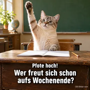 Katze hebt im Klassenzimmer die Pfote, Text: Pfote hoch! – Wer freut sich schon aufs Wochenende?