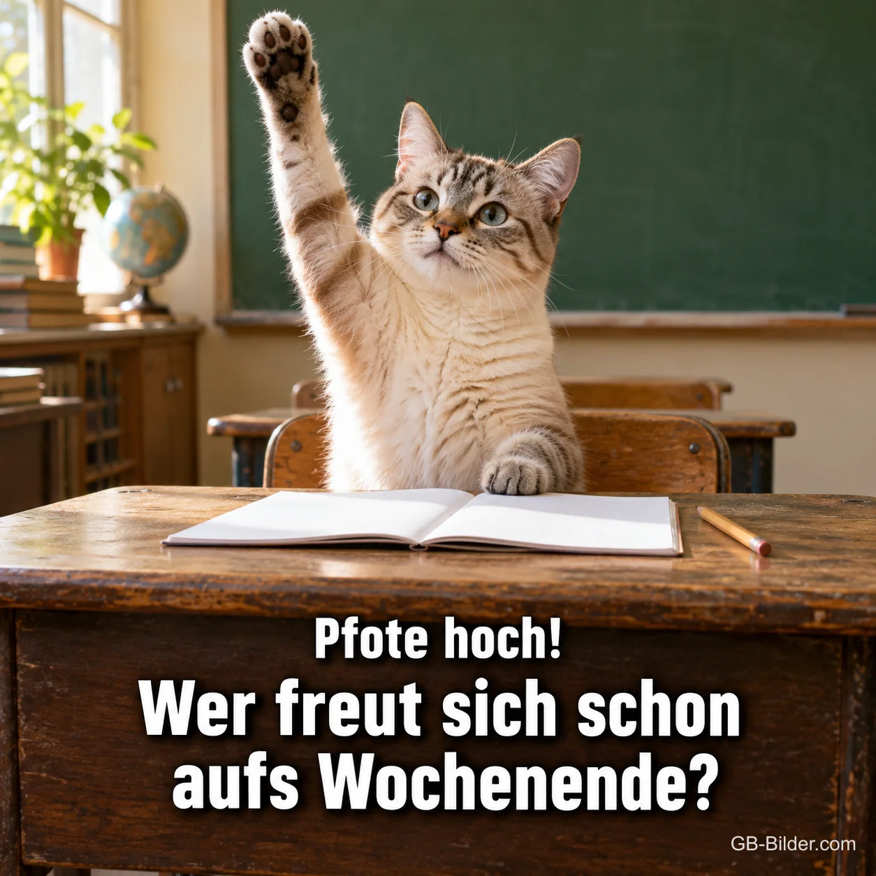 Katze hebt im Klassenzimmer die Pfote, Text: Pfote hoch! – Wer freut sich schon aufs Wochenende? Katze hebt im Klassenzimmer die Pfote, Text: Pfote hoch! – Wer freut sich schon aufs Wochenende?
