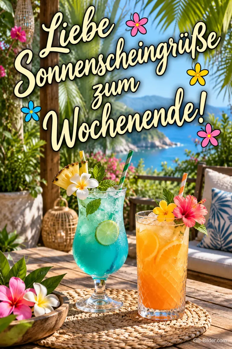 Zwei bunte Cocktails mit Blüten auf einer Terrasse am Meer, Text: Liebe Sonnenscheingrüße zum Wochenende!