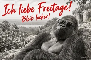 Gorilla mit Sonnenbrille entspannt auf einem Felsen, Text: Ich liebe Freitage! – Bleib locker!