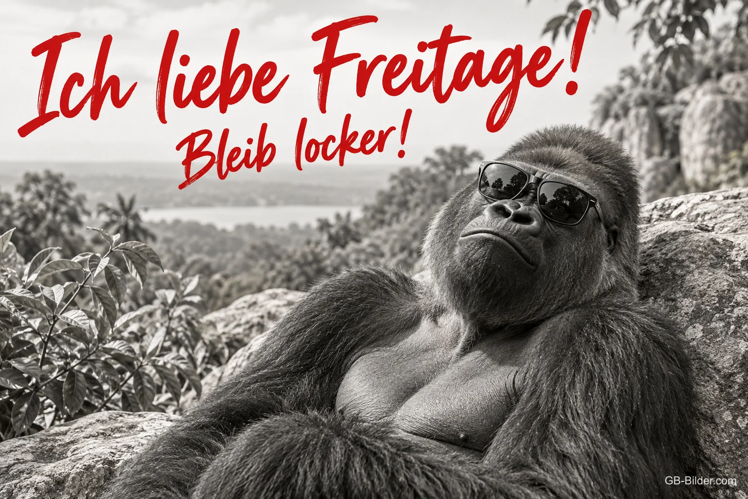 Gorilla mit Sonnenbrille entspannt auf einem Felsen, Text: Ich liebe Freitage! – Bleib locker! Gorilla mit Sonnenbrille entspannt auf einem Felsen, Text: Ich liebe Freitage! – Bleib locker!