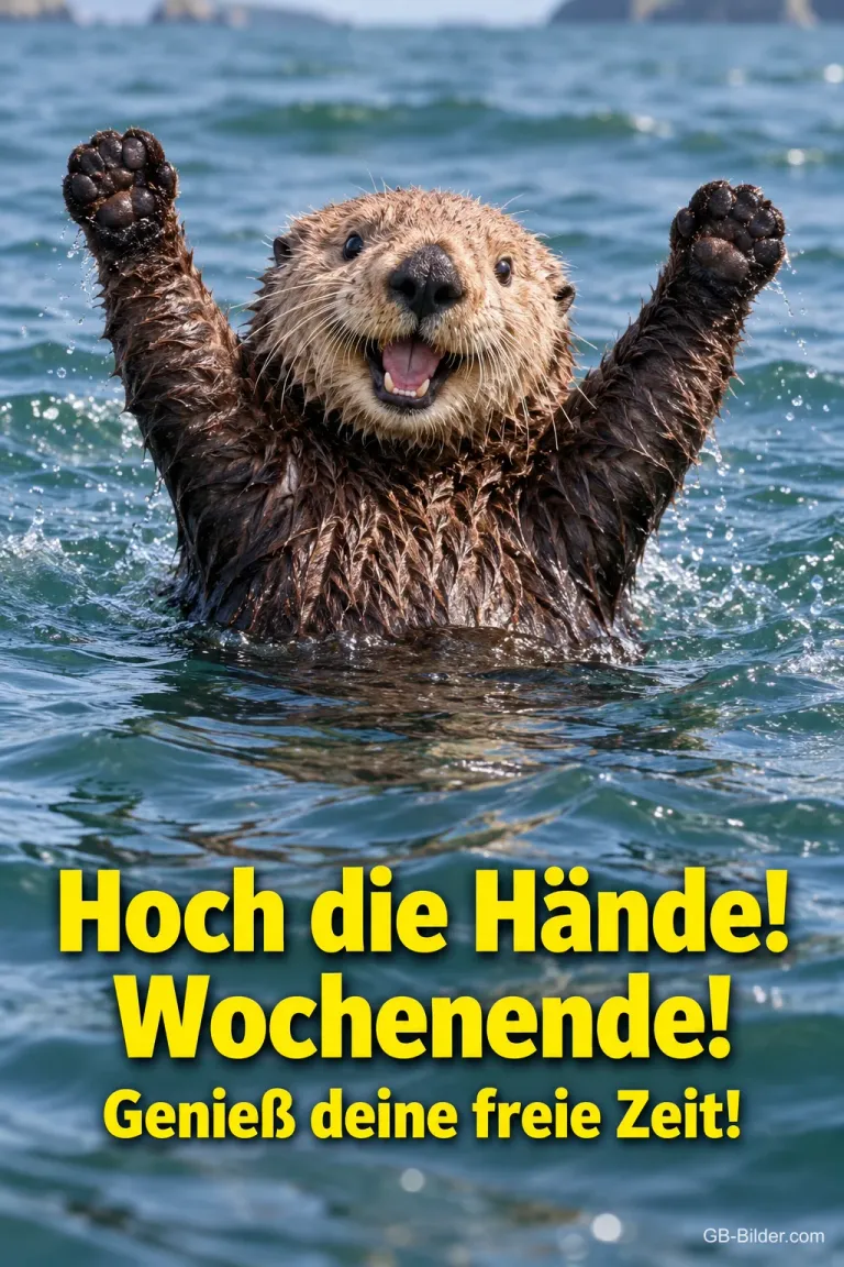Otter reckt jubelnd die Pfoten im Wasser, Text: Hoch die Hände! Wochenende! – Genieß deine freie Zeit!