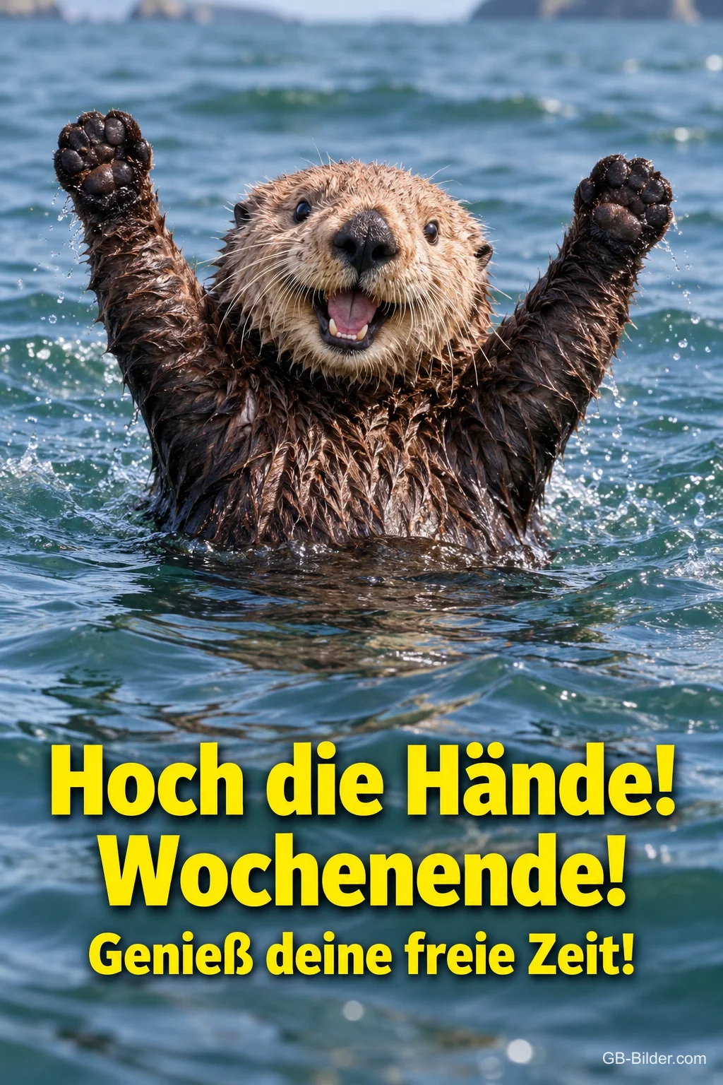 Otter reckt jubelnd die Pfoten im Wasser, Text: Hoch die Hände! Wochenende! – Genieß deine freie Zeit! Otter reckt jubelnd die Pfoten im Wasser, Text: Hoch die Hände! Wochenende! – Genieß deine freie Zeit!