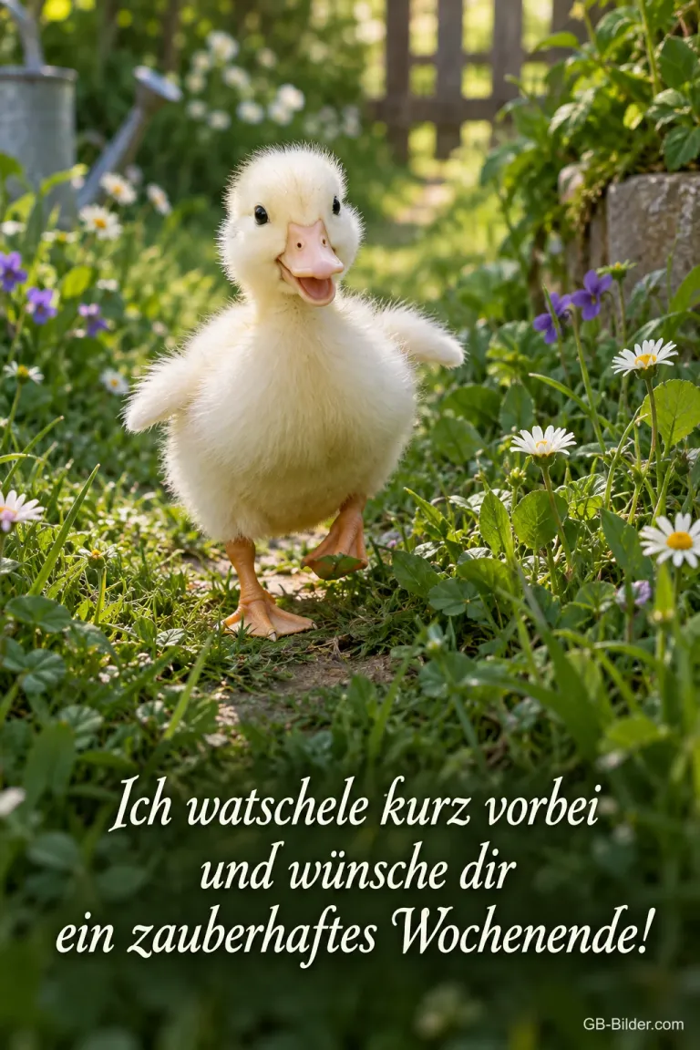 Entenküken watschelt durch einen Blumengarten, Text: Ich watschele kurz vorbei – und wünsche dir ein zauberhaftes Wochenende!