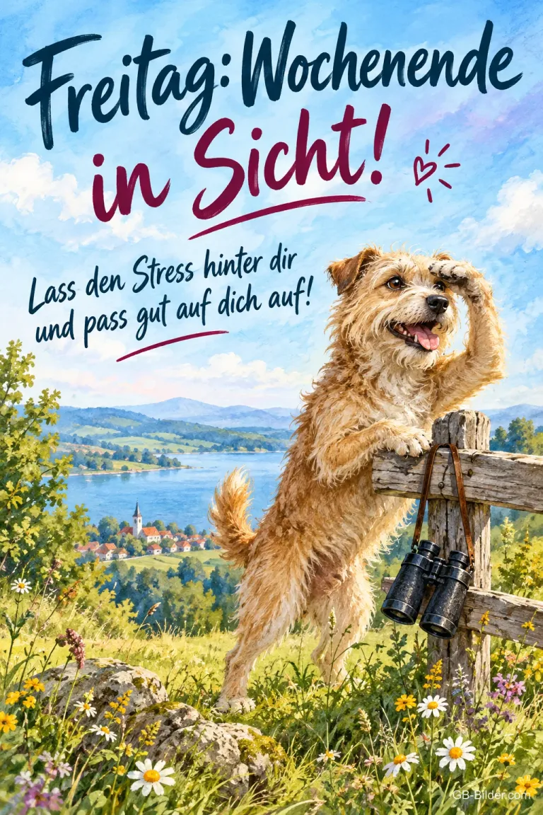 Hund hält Ausschau mit der Pfote an der Stirn, Fernglas am Zaun, Text: Freitag: Wochenende in Sicht! – Lass den Stress hinter dir und pass gut auf dich auf!