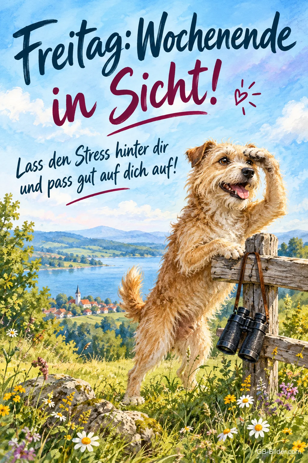 Hund hält Ausschau mit der Pfote an der Stirn, Fernglas am Zaun, Text: Freitag: Wochenende in Sicht! – Lass den Stress hinter dir und pass gut auf dich auf! Hund hält Ausschau mit der Pfote an der Stirn, Fernglas am Zaun, Text: Freitag: Wochenende in Sicht! – Lass den Stress hinter dir und pass gut auf dich auf!