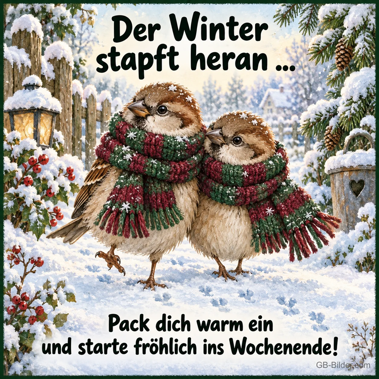 Zwei Spatzen mit Schals stapfen durch den Schnee, Text: Der Winter stapft heran … – Pack dich warm ein und starte fröhlich ins Wochenende! Zwei Spatzen mit Schals stapfen durch den Schnee, Text: Der Winter stapft heran … – Pack dich warm ein und starte fröhlich ins Wochenende!