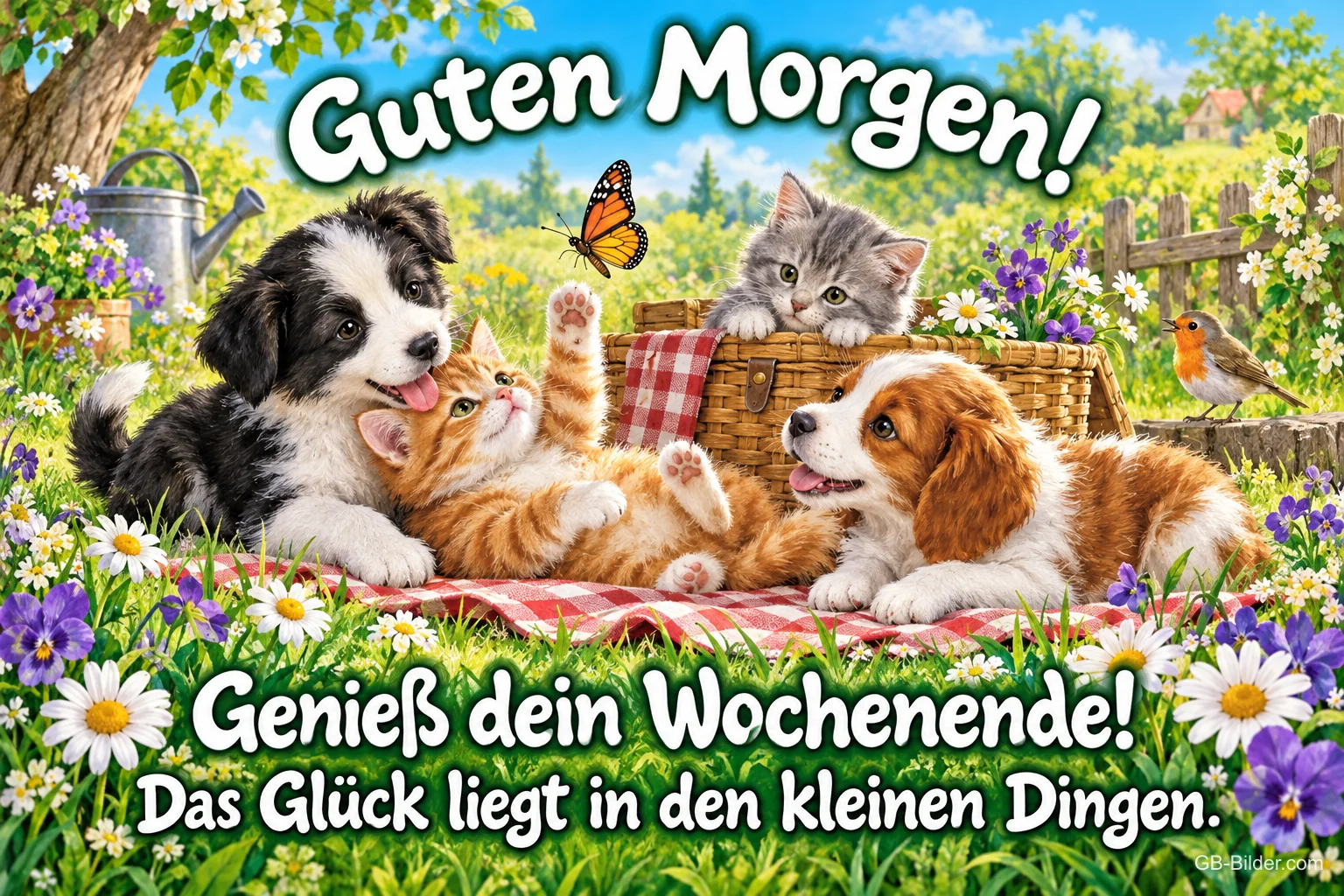 Zwei Welpen und Kätzchen spielen auf einer Picknickdecke, Text: Guten Morgen! – Genieß dein Wochenende! Das Glück liegt in den kleinen Dingen. Zwei Welpen und Kätzchen spielen auf einer Picknickdecke, Text: Guten Morgen! – Genieß dein Wochenende! Das Glück liegt in den kleinen Dingen.
