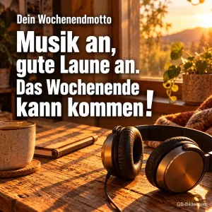 Kopfhörer, Notizbuch und Tasse auf einem Holztisch im Abendlicht, Text: Dein Wochenendmotto – Musik an, gute Laune an. Das Wochenende kann kommen!