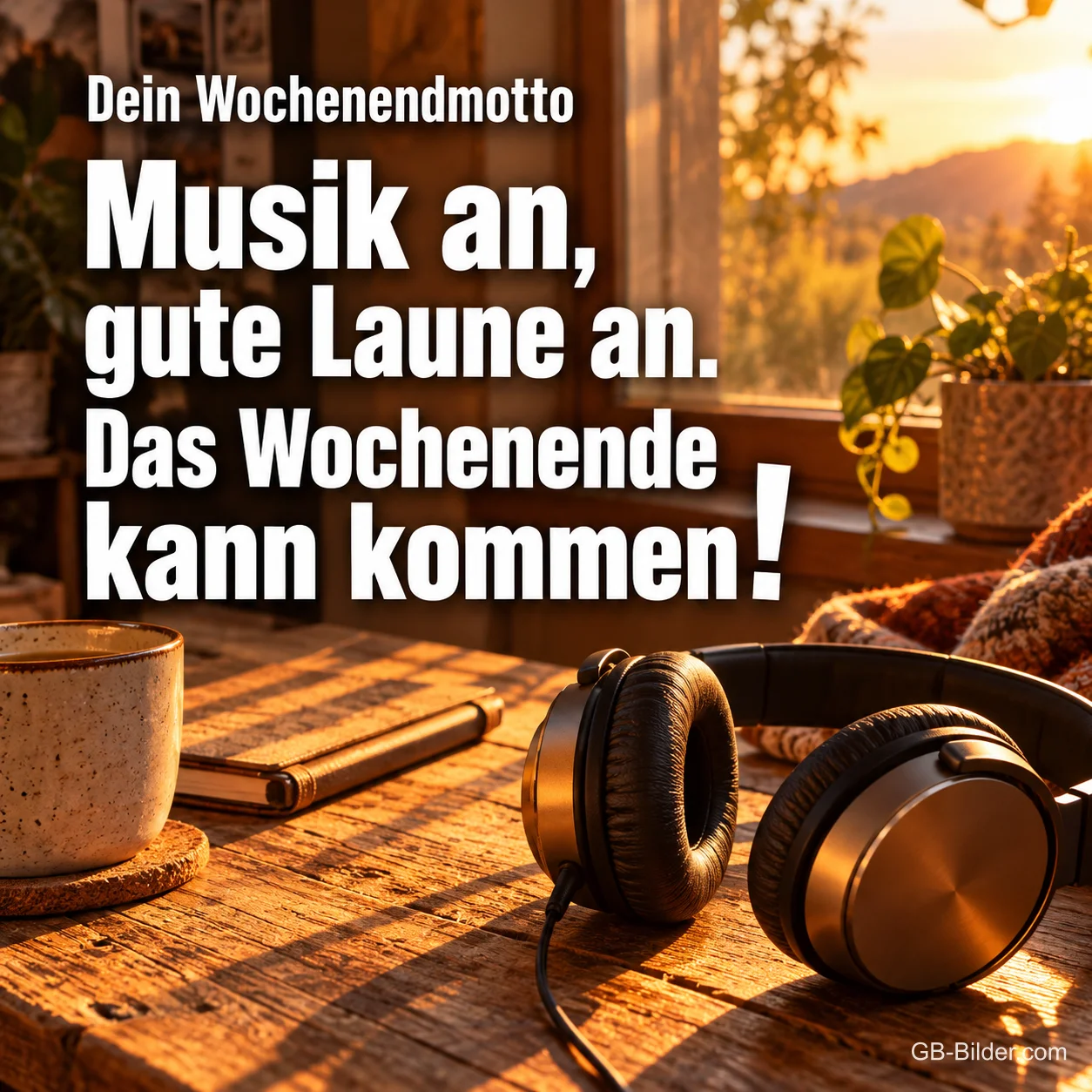 Kopfhörer, Notizbuch und Tasse auf einem Holztisch im Abendlicht, Text: Dein Wochenendmotto – Musik an, gute Laune an. Das Wochenende kann kommen! Kopfhörer, Notizbuch und Tasse auf einem Holztisch im Abendlicht, Text: Dein Wochenendmotto – Musik an, gute Laune an. Das Wochenende kann kommen!