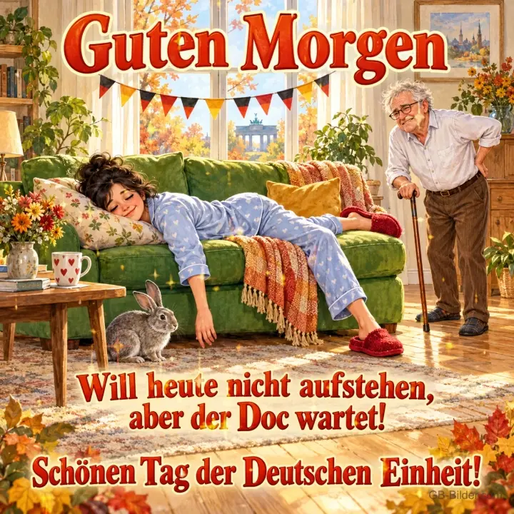 Frau liegt erschöpft auf dem Sofa, älterer Mann mit Stock, Text: Guten Morgen – Will heute nicht aufstehen, aber der Doc wartet! Schönen Tag der Deutschen Einheit!