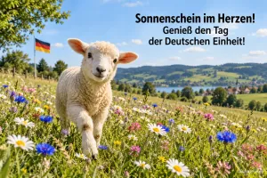 Lamm läuft durch eine Blumenwiese, Deutschlandfahne, Text: Sonnenschein im Herzen! – Genieß den Tag der Deutschen Einheit!