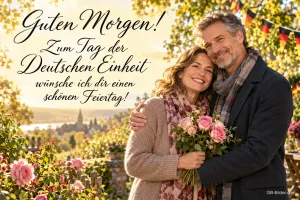 Älteres Paar mit Rosenstrauß im Herbstgarten, Deutschlandfahnen, Text: Guten Morgen! – Zum Tag der Deutschen Einheit wünsche ich dir einen schönen Feiertag!