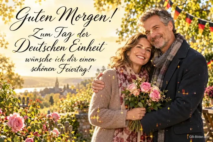 Älteres Paar mit Rosenstrauß im Herbstgarten, Deutschlandfahnen, Text: Guten Morgen! – Zum Tag der Deutschen Einheit wünsche ich dir einen schönen Feiertag!