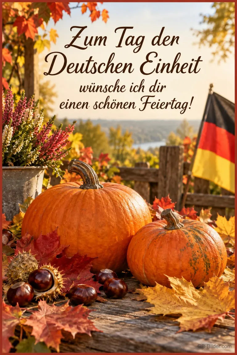 Kürbisse, Kastanien und Deutschlandfahne im Herbstlaub, Text: Zum Tag der Deutschen Einheit – wünsche ich dir einen schönen Feiertag!