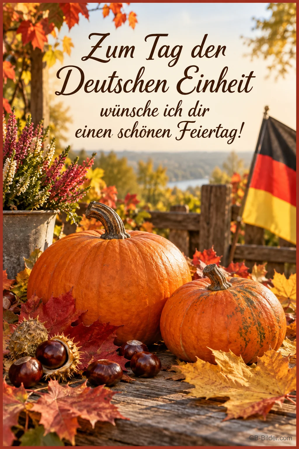 Kürbisse, Kastanien und Deutschlandfahne im Herbstlaub, Text: Zum Tag der Deutschen Einheit – wünsche ich dir einen schönen Feiertag!