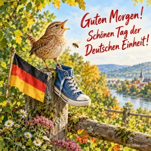 Zaunkönig singt auf einem Pfosten neben Turnschuh und Deutschlandfahne, Text: Guten Morgen! – Schönen Tag der Deutschen Einheit!