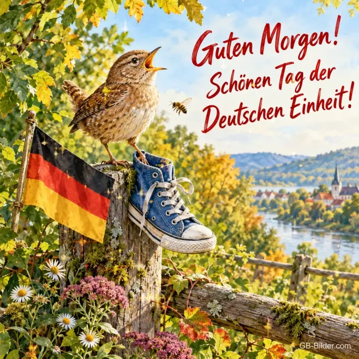 Zaunkönig singt auf einem Pfosten neben Turnschuh und Deutschlandfahne, Text: Guten Morgen! – Schönen Tag der Deutschen Einheit!