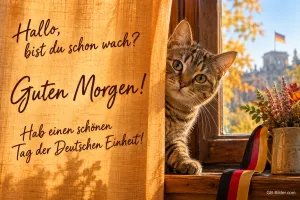 Tigerkatze schaut hinter einem Vorhang hervor, Deutschlandfahne, Text: Hallo, bist du schon wach? – Guten Morgen! Hab einen schönen Tag der Deutschen Einheit!