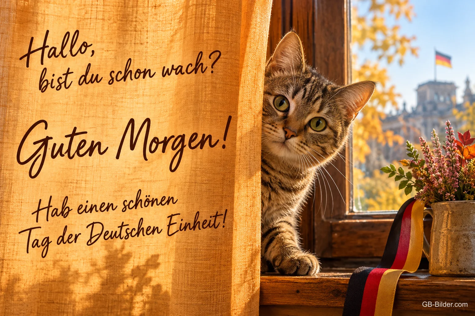 Tigerkatze schaut hinter einem Vorhang hervor, Deutschlandfahne, Text: Hallo, bist du schon wach? – Guten Morgen! Hab einen schönen Tag der Deutschen Einheit!