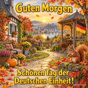 Herbstlicher Garten mit Eichhörnchen und Deutschlandfahne am Pavillon, Text: Guten Morgen – Schönen Tag der Deutschen Einheit!