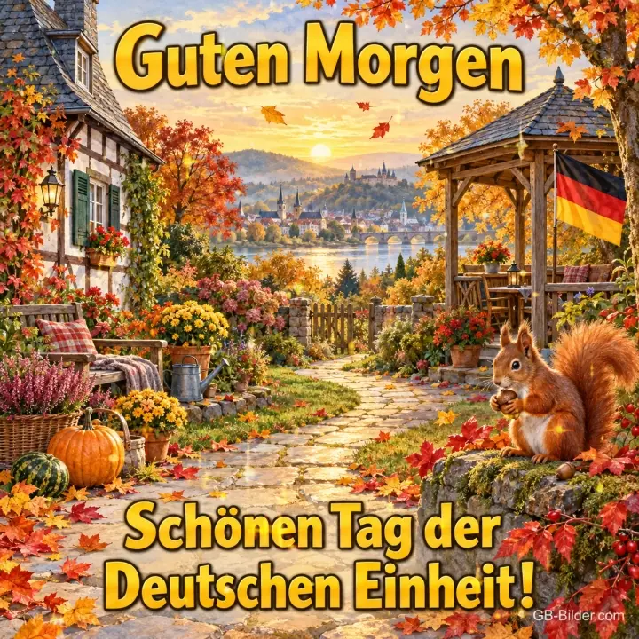 Herbstlicher Garten mit Eichhörnchen und Deutschlandfahne am Pavillon, Text: Guten Morgen – Schönen Tag der Deutschen Einheit!