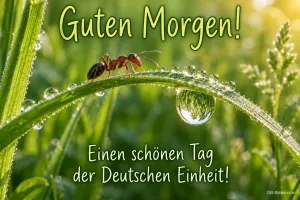 Ameise auf einem Grashalm mit Tautropfen, Text: Guten Morgen! – Einen schönen Tag der Deutschen Einheit!