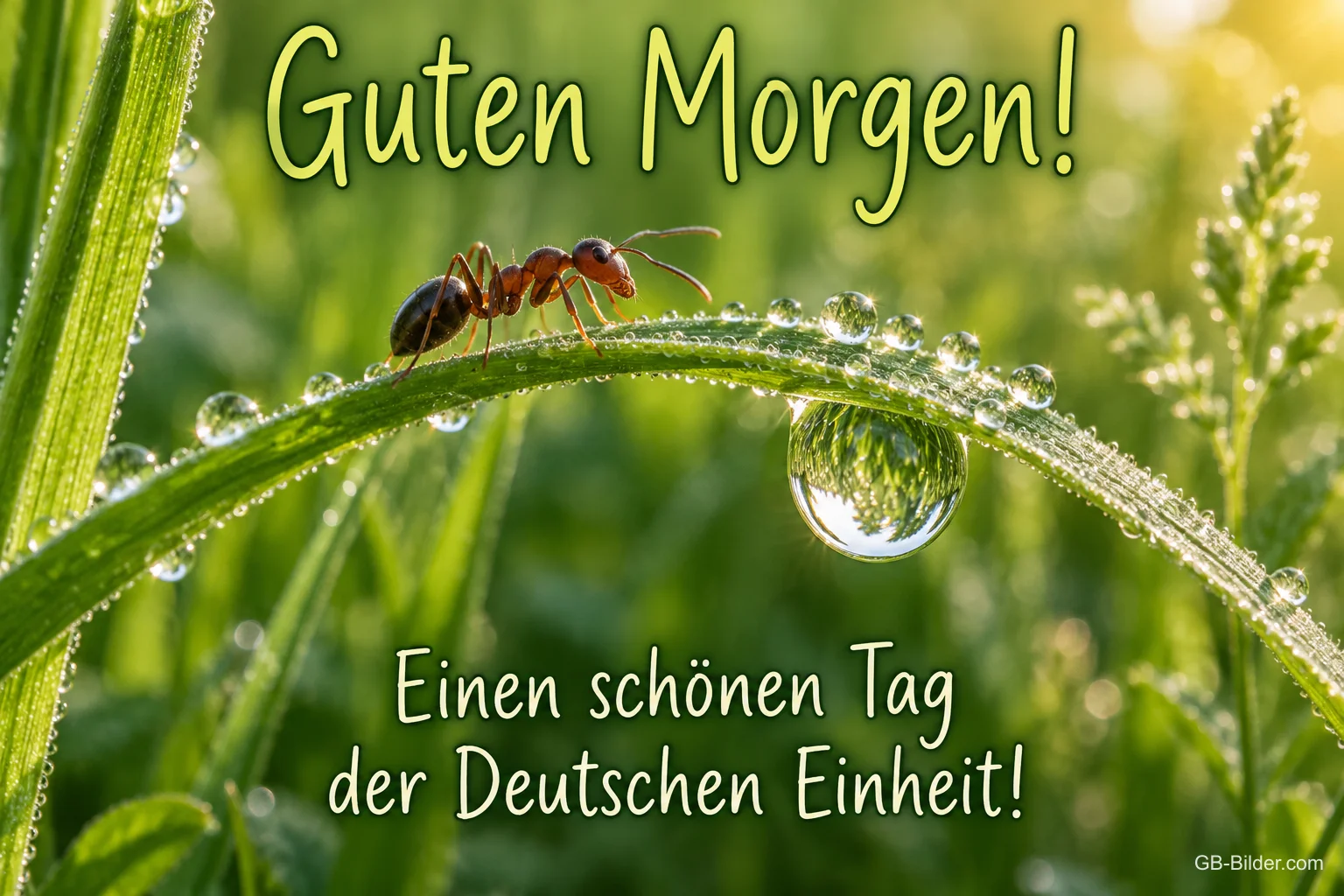 Ameise auf einem Grashalm mit Tautropfen, Text: Guten Morgen! – Einen schönen Tag der Deutschen Einheit!