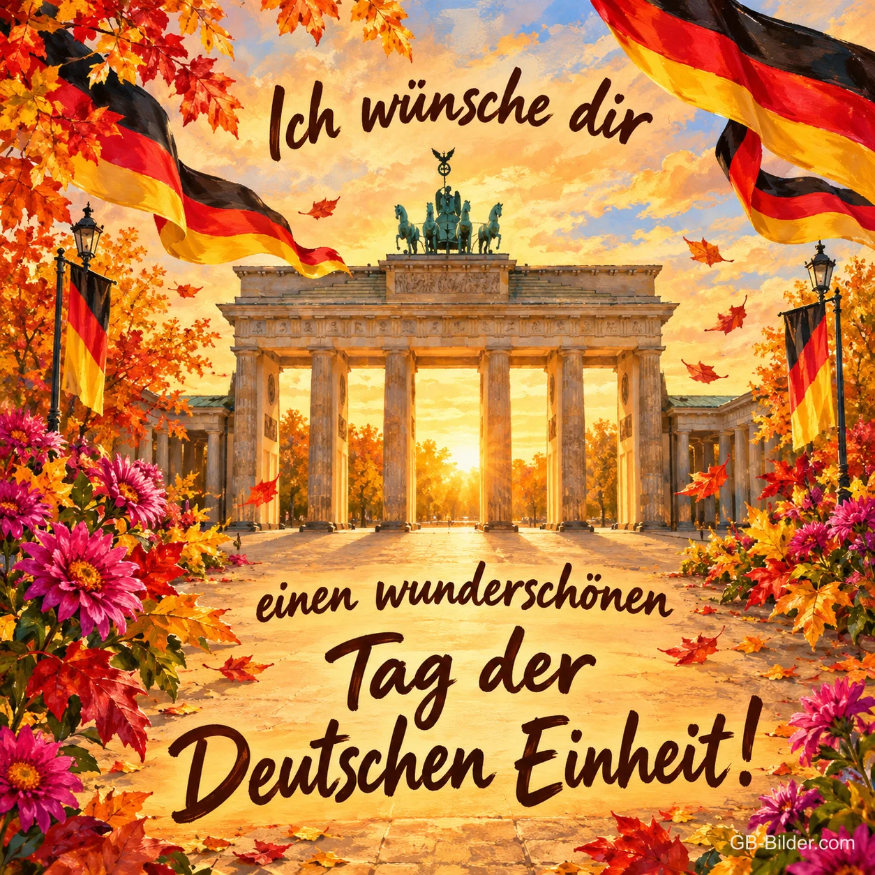 Brandenburger Tor mit Deutschlandfahnen im Herbstlaub, Text: Ich wünsche dir einen wunderschönen – Tag der Deutschen Einheit!