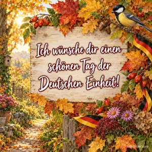 Holzschild im Herbstlaub mit Meise und Deutschlandband, Text: Ich wünsche dir einen schönen Tag der Deutschen Einheit!